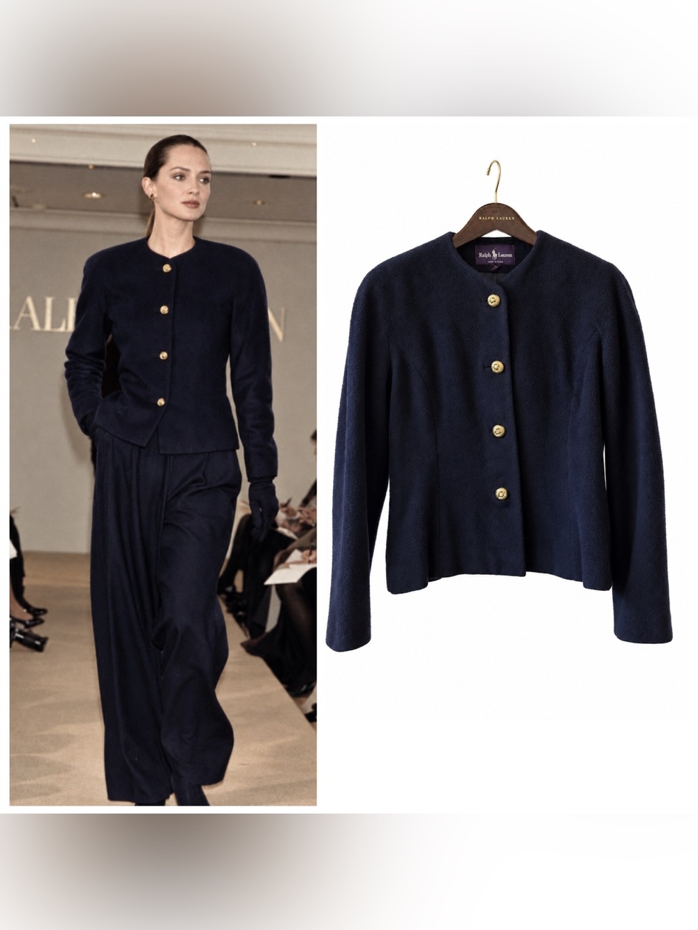 Vintage 80s Ralph Lauren Navy Cashmere Jacket Gold Knot Buttons 1988 Runway